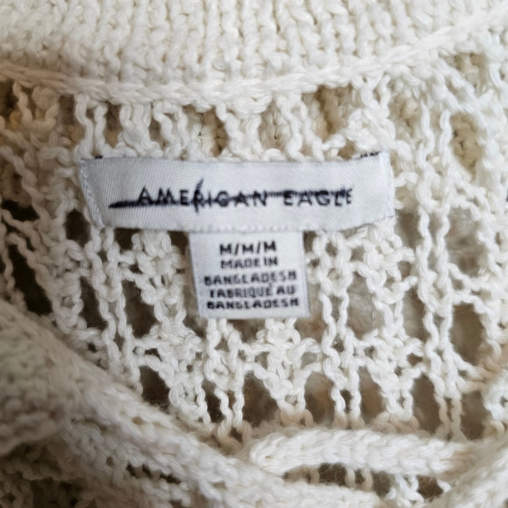 American Eagle Cream Crochet Knit Lace Up Tassel Polo Sweater Medium Ivory Boho - Picture 7 of 10